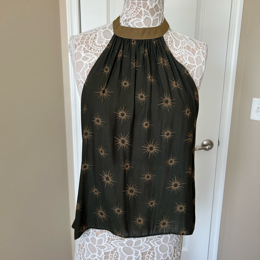 Free People Olive Green Sunburst Halter Camisole with Tan Neckline
